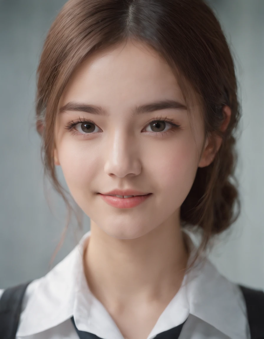1girl in,8K, Raw photography, top-quality, masterpiece, realisitic, Photorealsitic, A smile, Schoolgirl Uniform, Pretty beauty,High School Classroom, The upper part of the body,