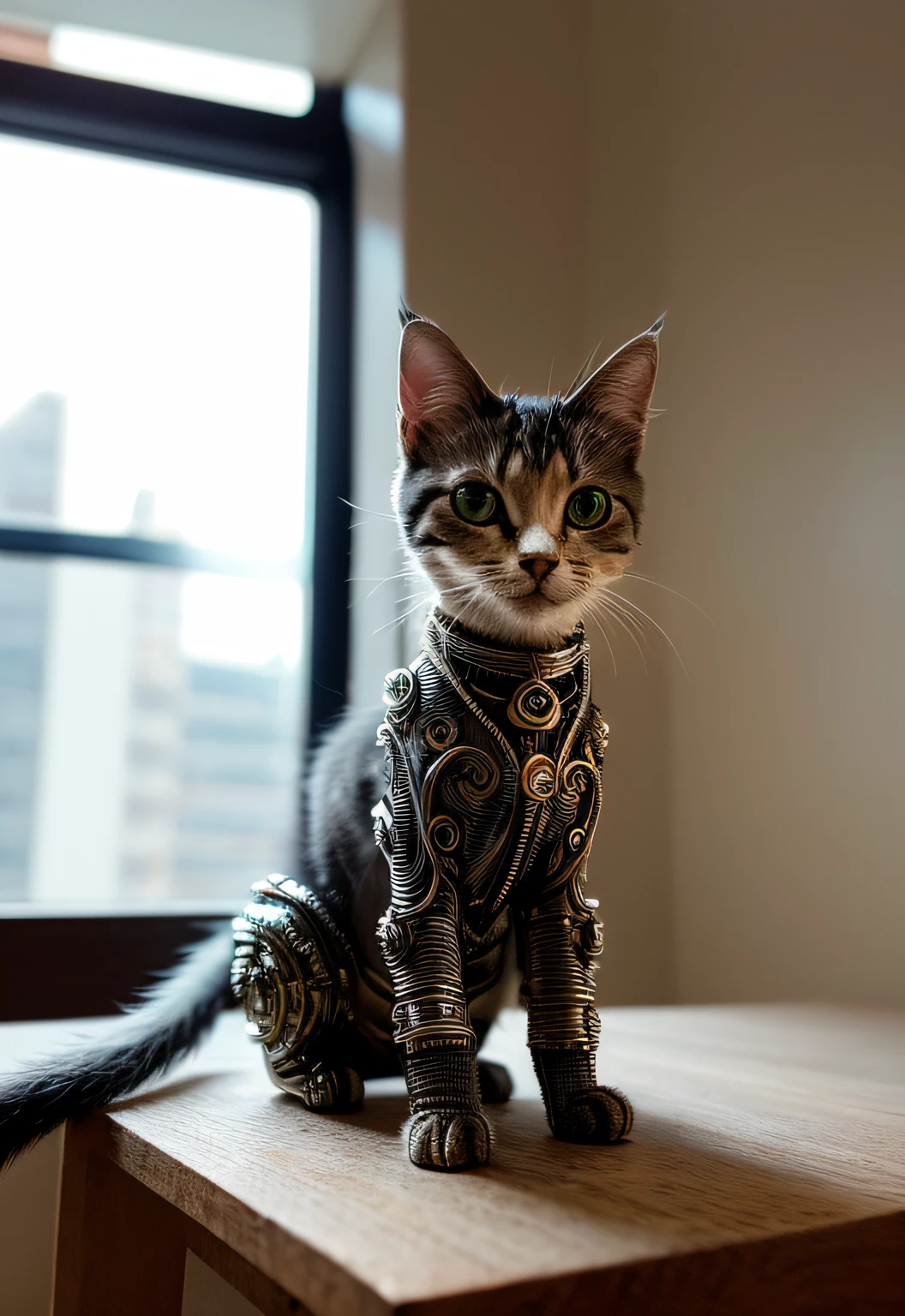 A cute block kitten made out of metal, (cyborg:1.1), ([tail | detailed wire]:1.3), (intricate details), HDR, (intricate details, hyperdetailed:1.2), cinematic shot, vignette, centered