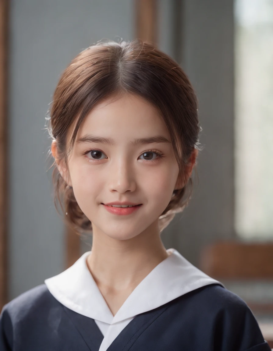 ittle girl, japanese ,embarrassed, , (grin), (school uniform), ((10 years old)), school, RAW photo, realistic,(vibrant detail, beautiful background, absurdres, octane render, illustration, an extremely delicate and beautiful, embarrassed, extremely detailed