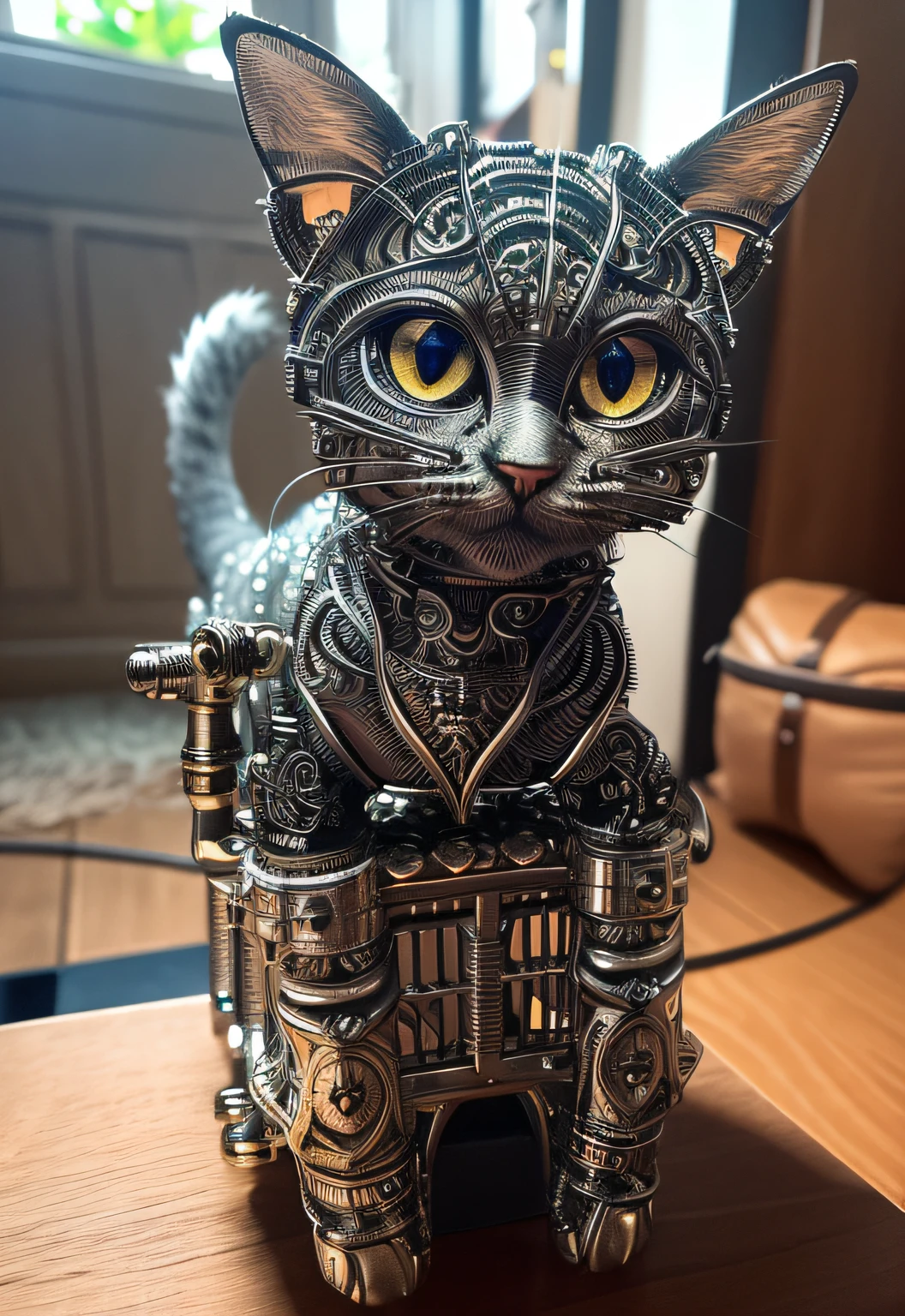 A cute block kitten made out of metal, (cyborg:1.1), ([tail | detailed wire]:1.3), (intricate details), HDR, (intricate details, hyperdetailed:1.2), cinematic shot, vignette, centered