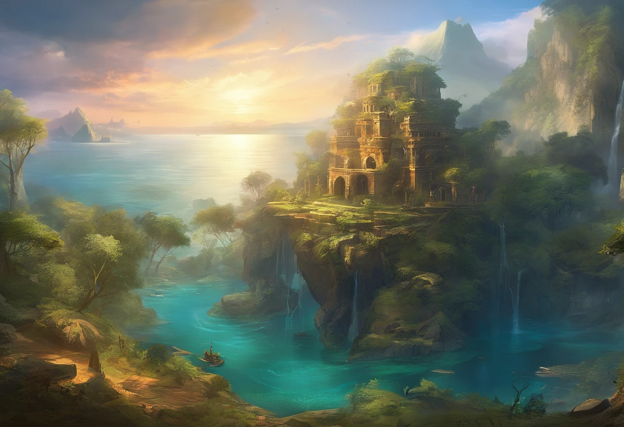 (best quality,4k,8k,highres,masterpiece:1.2),ultra-detailed,(realistic,photorealistic,photo-realistic:1.37),crumbling ruins,sunken ancient structures,uplifted island,worn-out buildings,tree stumps,decaying roots,dry coral,twisted branches,tilted soil,flooded areas,crystal clear water,ripples of the sea,breath-taking scenery,sunken treasures,overgrown vegetation,mystical atmosphere,sun-kissed island,majestic view,serene tranquility,surrounded by the sea,natural wonders,untouched landscape,remote location,ancient mysteries,hidden secrets,melancholic beauty,history frozen in time,dramatic lighting,submerged history,enchanted island,ghostly remnants,whispers of the past,echoes of lost civilizations,mysterious artifacts