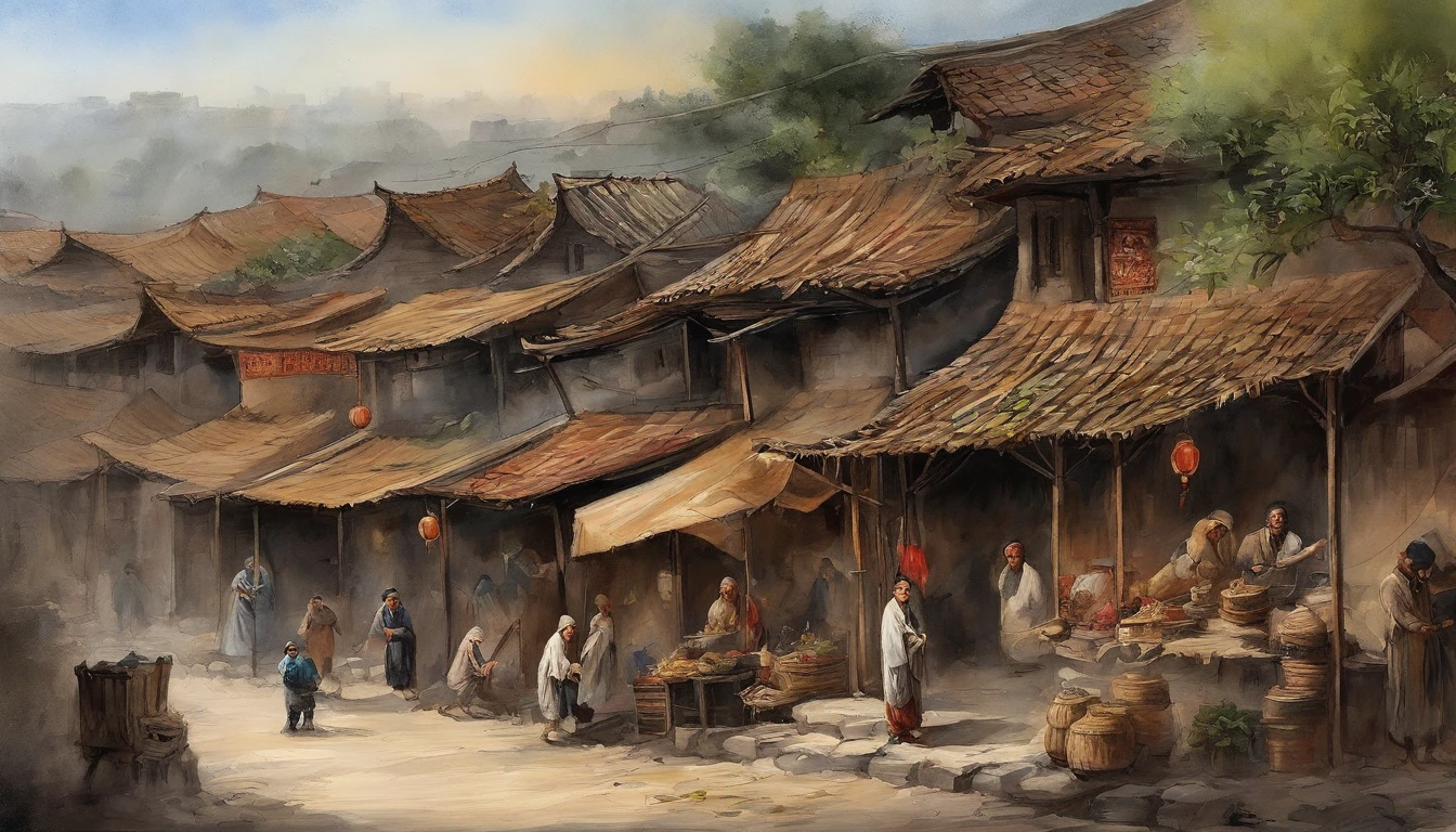 Chinese ink,Oriental ink style,The town street down the hill,of a guy,Roadside streets,Queue up to sell meat,Men work in stores,butcher shop,One-story building,Lower floors,Quadrangle,Courtyard type,super-fine,Carefully portrayed,high qulity,8K,