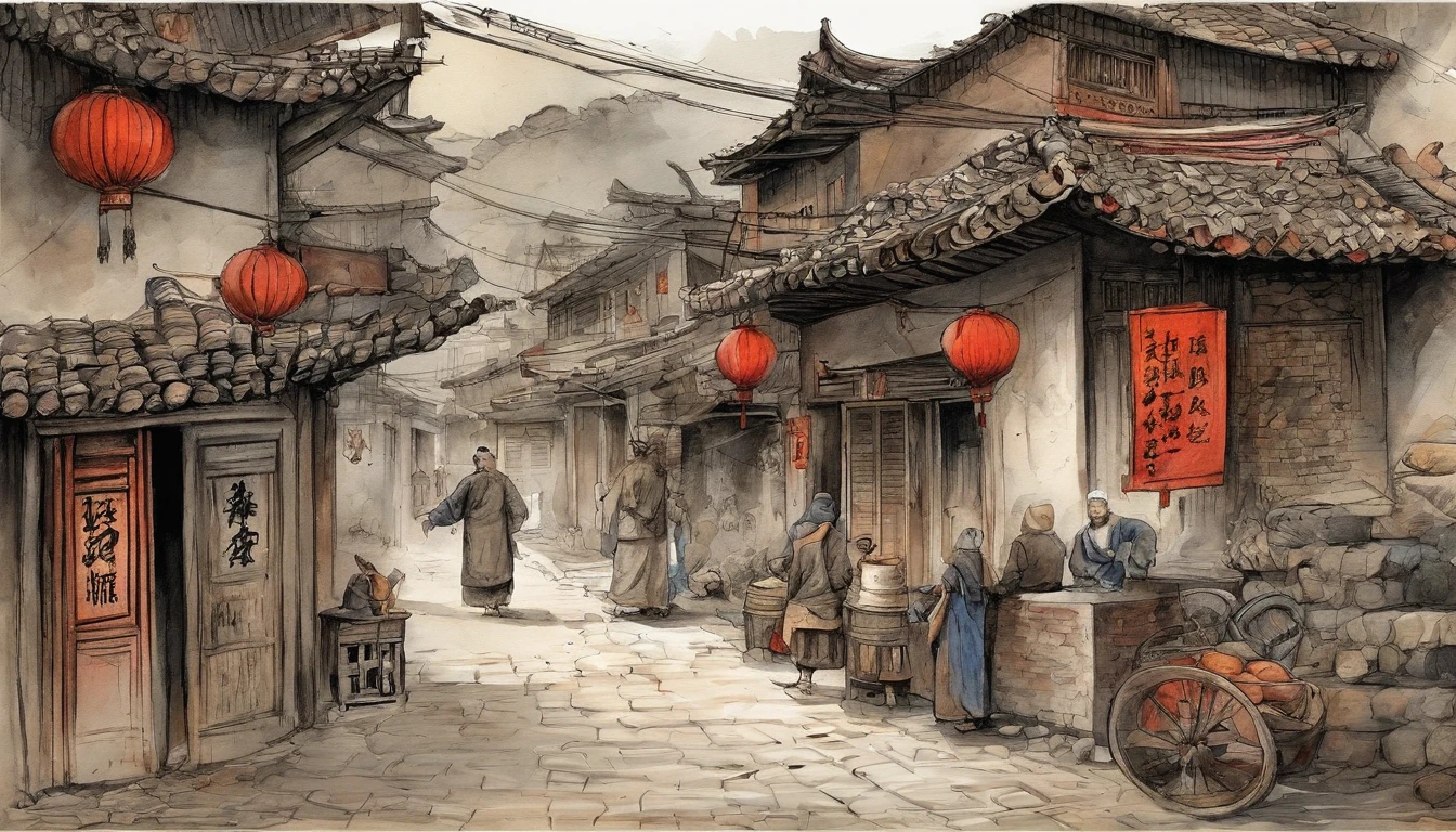 Chinese ink,Oriental ink style,The town street down the hill,of a guy,Roadside streets,Queue up to sell meat,Men work in stores,butcher shop,One-story building,Lower floors,Quadrangle,Courtyard type,super-fine,Carefully portrayed,high qulity,8K,