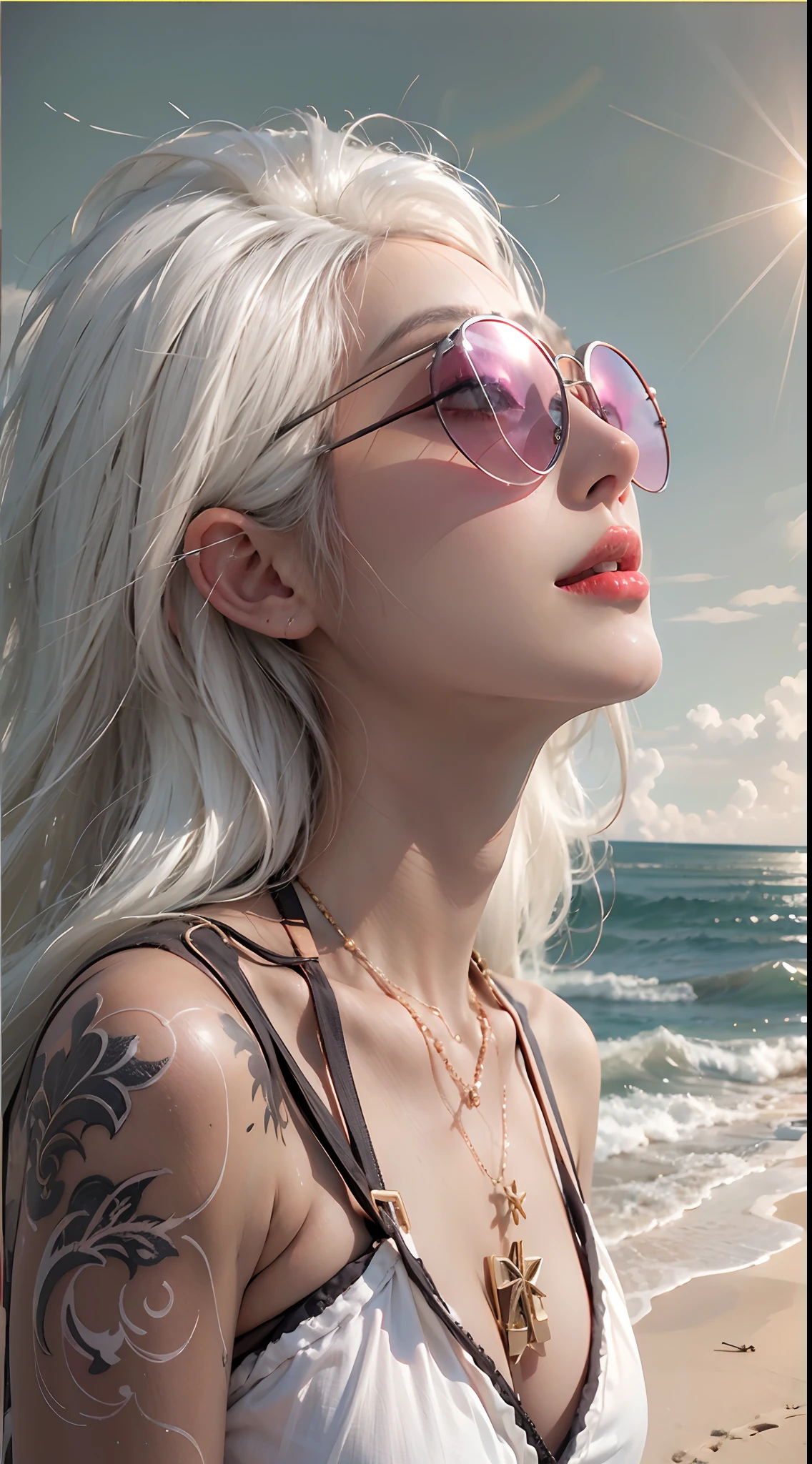 photorealistic, high resolution, 1women, mature female, solo, hips up, long hair, tattoo, white hair, sun glasses, bikini, beach