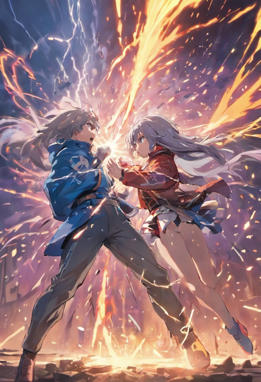 (a girl in a fight scene with a tall man) tall man, gray hair, purple eyes, intense look, muscular build, fierce expressions, dynamic poses, martial arts skills, agile movements, raining in the background, dramatic clouds, lightning flashing, smoke and dust filling the air, intense battle atmosphere, intense purple and blue lights illuminating the scene, powerful energy emanating from their bodies, sparks and electric effects, flying debris and shattered surroundings, high-speed action, dynamic composition, fast-paced combat, high-contrast lighting, vibrant colors, anime-style rendering, detailed facial features and expressions, streaming hair, epic showdown between the two fighters, heightened sense of tension and anticipation, mesmerizing visual effects, dynamic camera angles, explosive clash between their powers, decisive moments captured in the artwork, dynamic narrative storytelling, visually stunning and immersive fight scene. (best quality, 4k, highres), (anime, action, intense)
