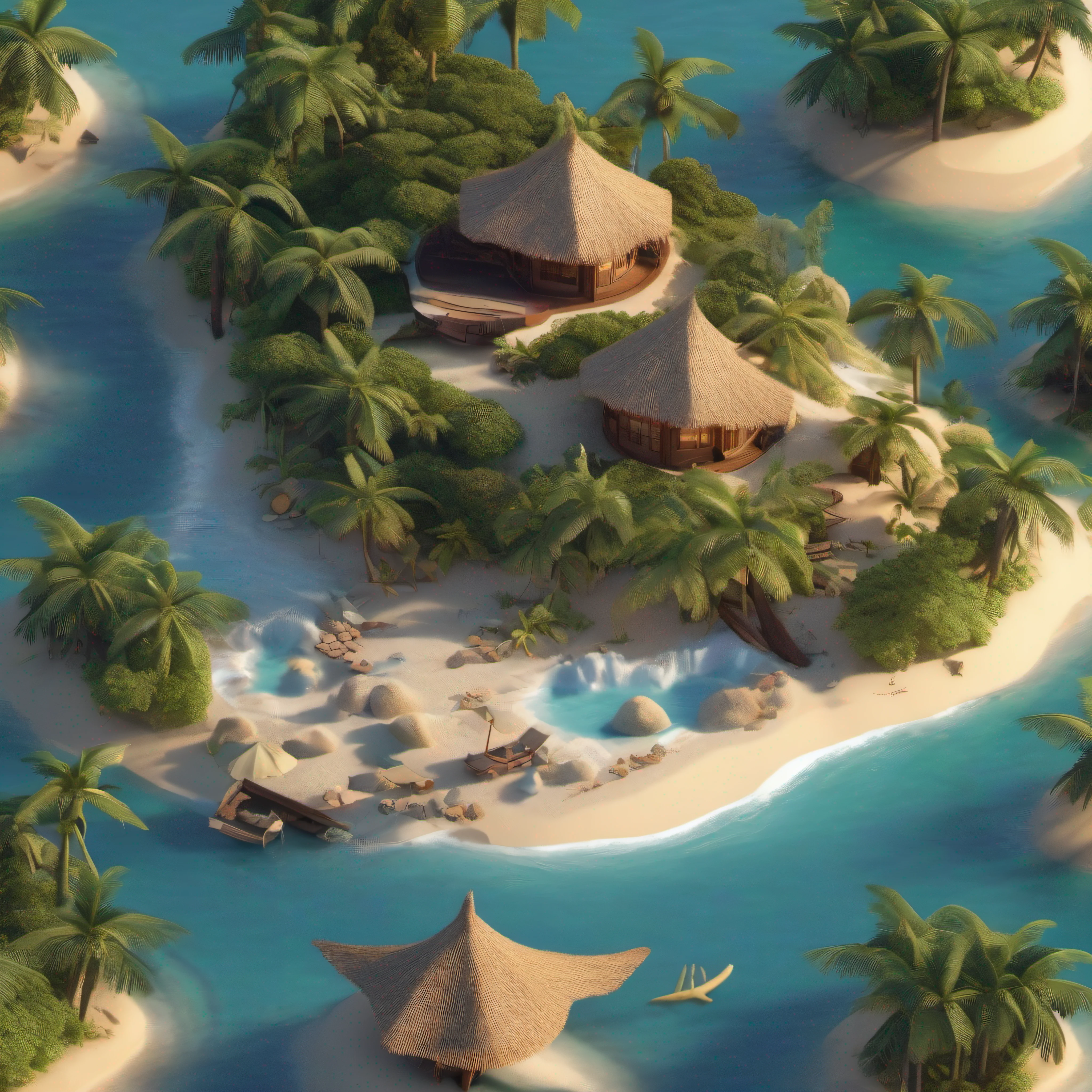 ((8k masterpiece, best quality:1.2)), absurdres Isometric_Setting, desert island, tropical beach and palm trees, 1 tiny hut, ocean in background, sharks circling island,
