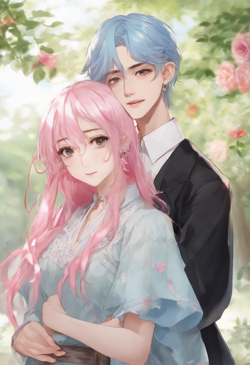 a hot boy with blue hair, and blue eyes, with a shy girl who has pink hair, pink eyes and white dress