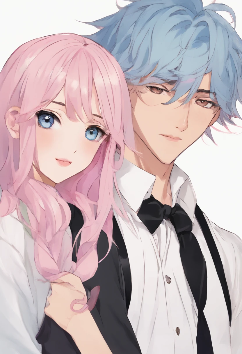 ((Male and female couples)), Idol Photos, Magazine covers, Photos of actors, Professional Photos, Height difference, tall male, Happiness, youthfulness, extra detailed face, detailed punk hair, very detailed character, inspired by Sim Sa-jeong, Cai Xukun's, detailed realistic faces, highly detailed realistic face, high detailed face anime, realistic detailed face, Accurate detailed face, attractive androgynous humanoid, Cool Korean fashion in black and white, ((Man with light blue hair)), ((Woman with pink hair)), ((Woman with long hair below waist)), ((Man with short hair over ears)), ((Pink hair woman with gentle expression)), ((Man with light blue hair with wild expression)), high-level image quality, ​masterpiece, Photographed so that the whole body can be seen, Photographed to make clothes look beautiful, Take your eyes off, ((two individuals)), ((British couple))