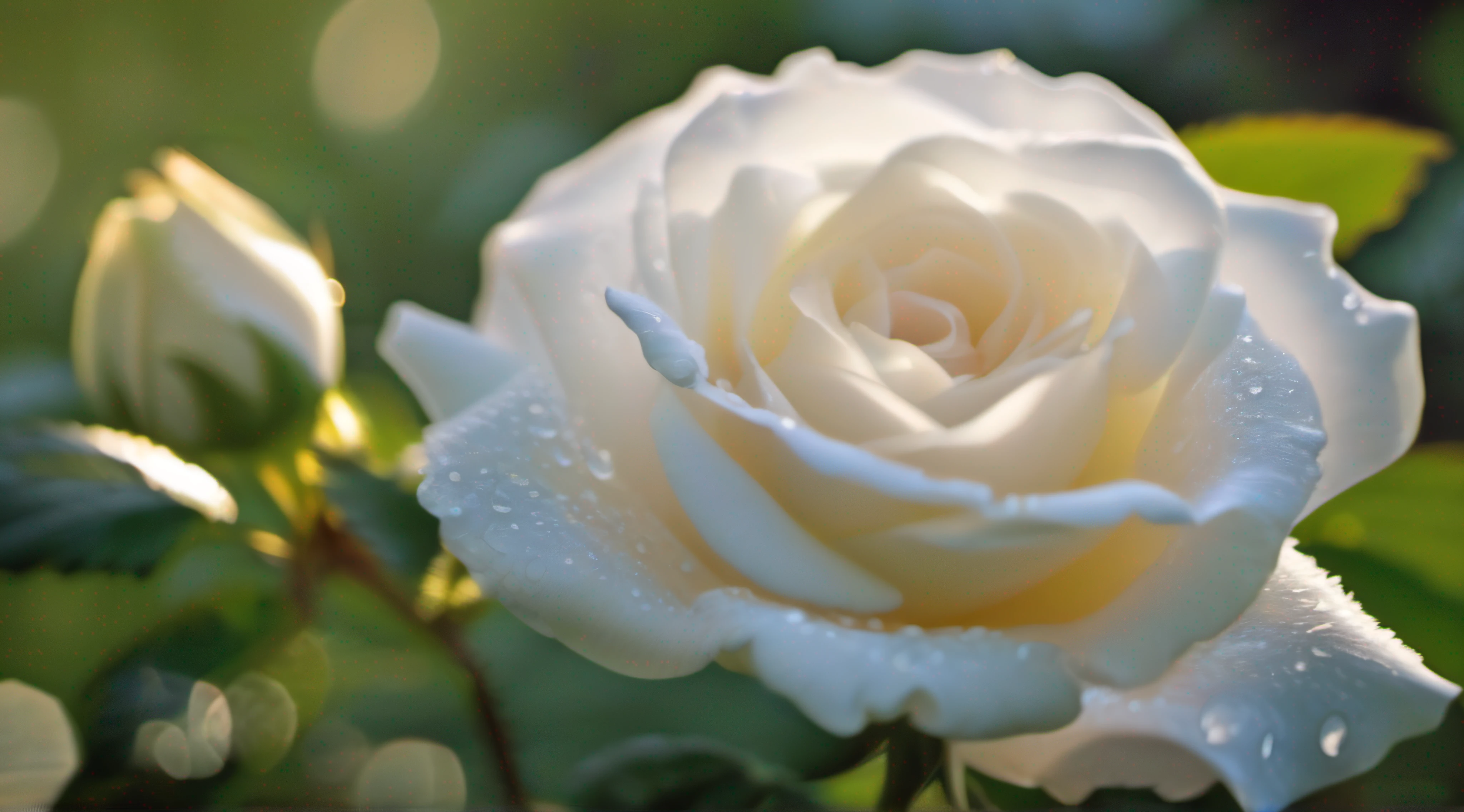 White rose flowers in the garden, sunlight with bokeh, (masterpiece, ultra quality, high resolution, 8k, intricate:1.2), (masterpiece), (best quality:1), Dew drops on flower petals, delicate petals, vibrant green leaves, blooming buds, serene atmosphere, soft morning light, gentle breeze, subtle shadows, intricate details, romantic ambiance
