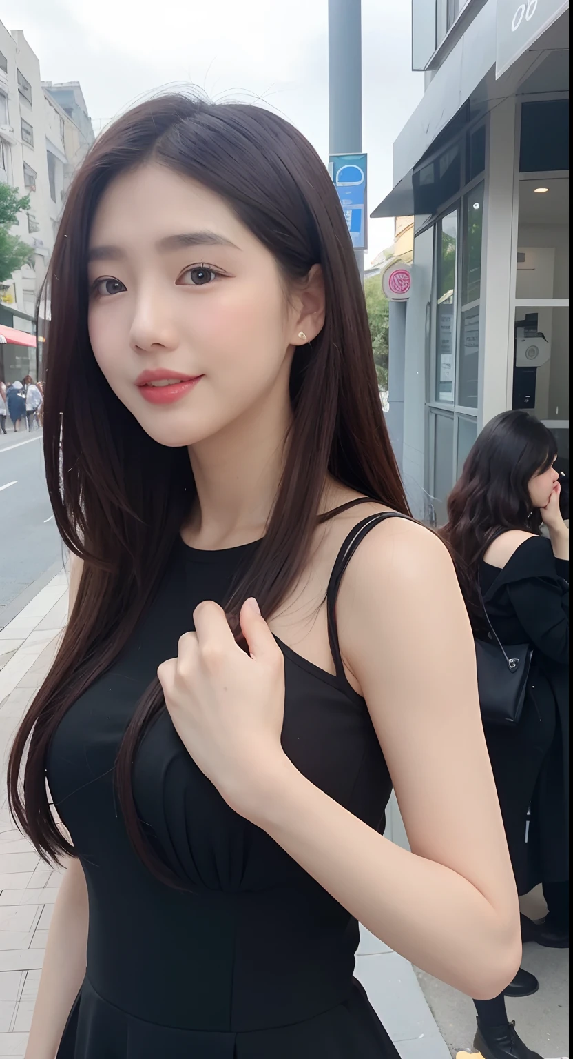 （1 Korean star of the royal sister style）,((best qualtiy, 8K, tmasterpiece:1.3)), Focus:1.2, Perfect figure beautiful woman:1.4 , (funny expression),(night cityscape:1.3), Highly detailed facial and skin texture, A detailed eye, 二重まぶた，Whiten skin，(Air bangs:1.3),(With a round face:1.5),(thin strap top:1.4)，sideways Facing