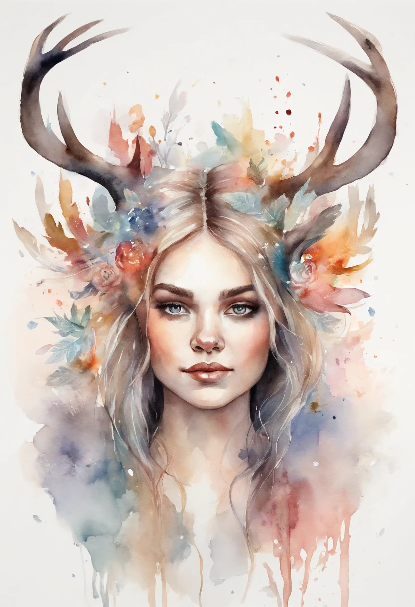 a cute girl with abstract wings, with stag horns, fantasy, with pastel colors, pure white background, isometric art,