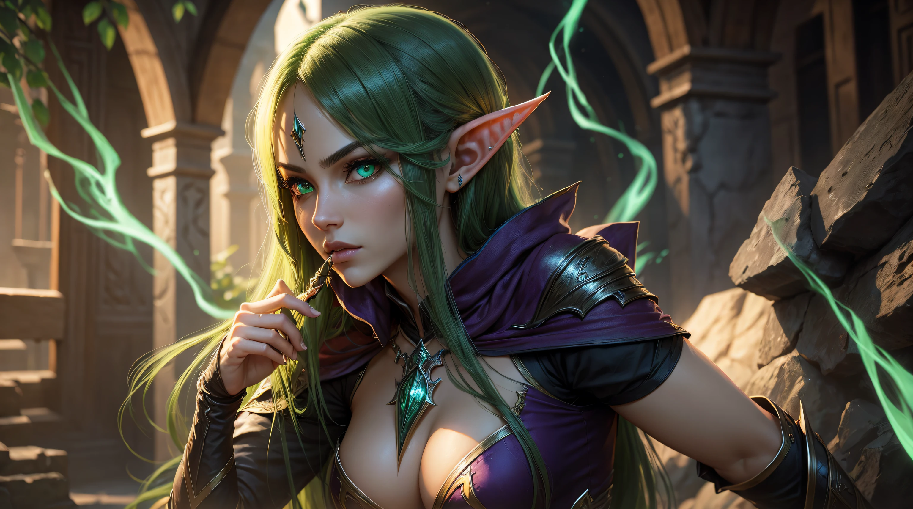 wow ,night elf ,assasin,mystical,magic,green eyes