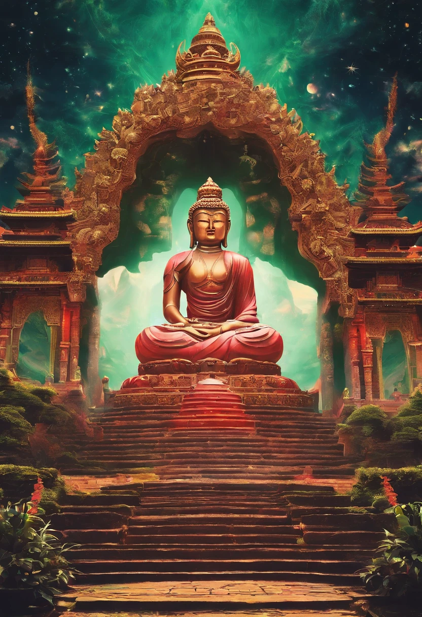 Huge stone Buddha statue,There are steps leading to it, Zen temples