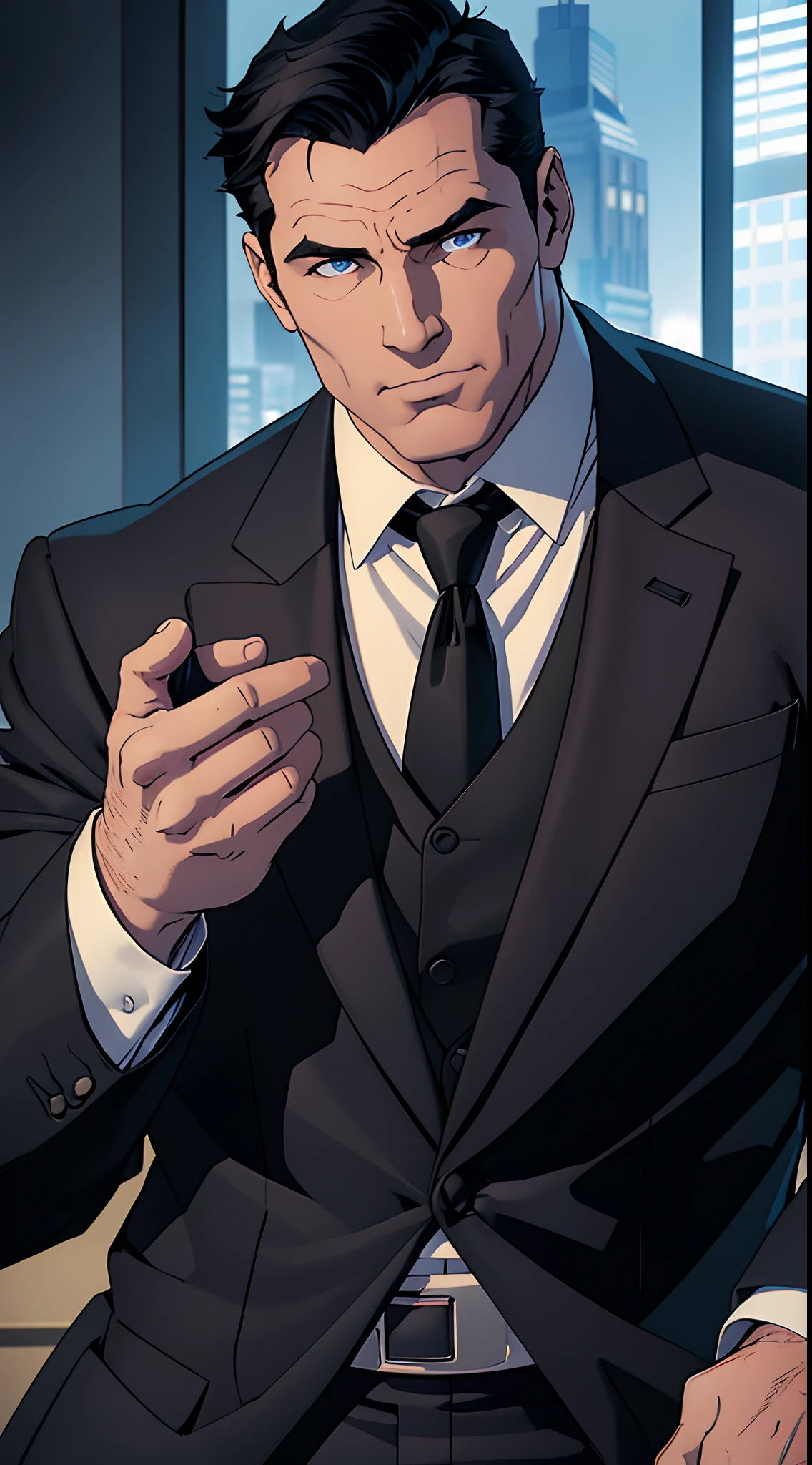 1 man, Bruce Wayne (Batman), muscular male, daddy, large pectorals, male focus, middle-aged man, black hair, short hair, blue eyes, smirks, face focus, black tuxedo suit, black necktie, upper body shot, skycrapers, ((masterpiece)), nightime