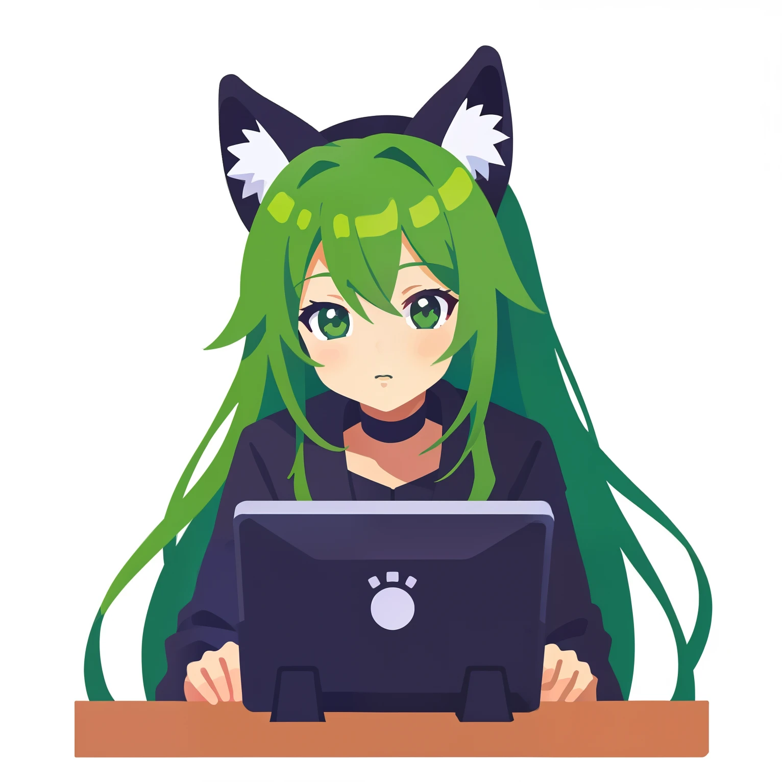 超A high resolution, NFFSW, Best-aesthetic, Best quality, masutepiece, IK1、I'm using a computer、1girl in、Emerald jacket、Cartoon bones、Green-haired anime girl, Anime moe art style, Flat anime style, cute anime catgirl, nekomimi, Anime girl with black cat ears, Digital anime illustration, digital green fox, sitting in front of the computer, Girl with cat ears, in front of a computer, Pure white background in anime style