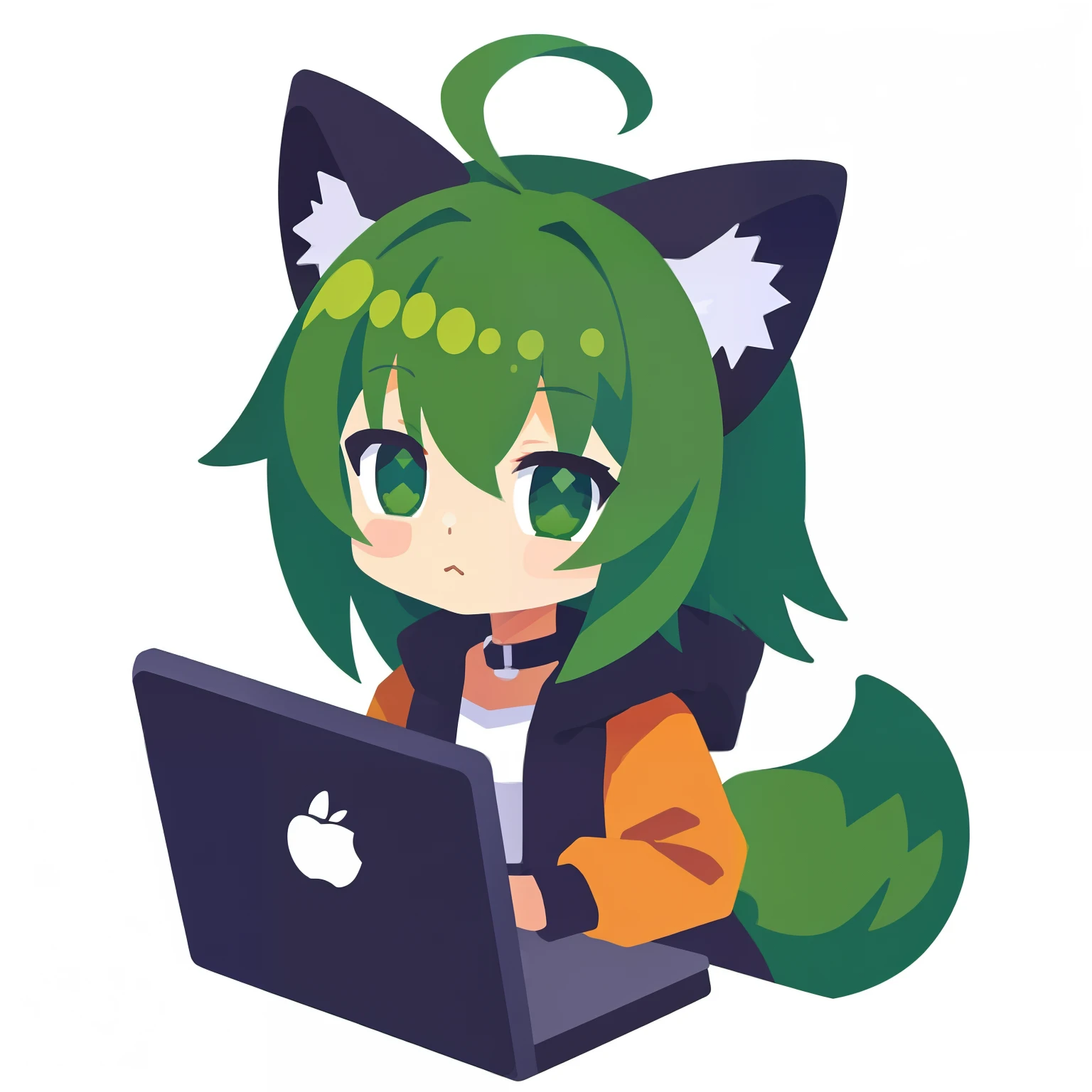 超A high resolution, NFFSW, Best-aesthetic, Best quality, masutepiece, IK1、I'm using a computer、1girl in、Emerald jacket、Cartoon bones、Green-haired anime girl, Anime moe art style, Flat anime style, cute anime catgirl, nekomimi, Anime girl with black cat ears,  Digital anime illustration, digital green fox, sitting in front of the computer, Girl with cat ears, in front of a computer, Pure white background in anime style
