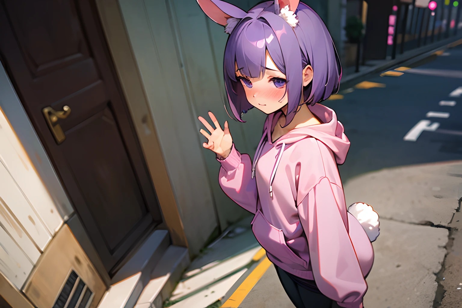 (medium bob hair, shy and blush face, Best Quality), ((Masterpiece)), (High Definition:1.3), Beautiful,(Masterpiece), Realistic, Beautiful photo, wide-shot, Dirty street corner、raise right hand、1girl, rabbit ears, Slender small breasts、purple hair、Cute Beautiful Girl、Pink hoodie