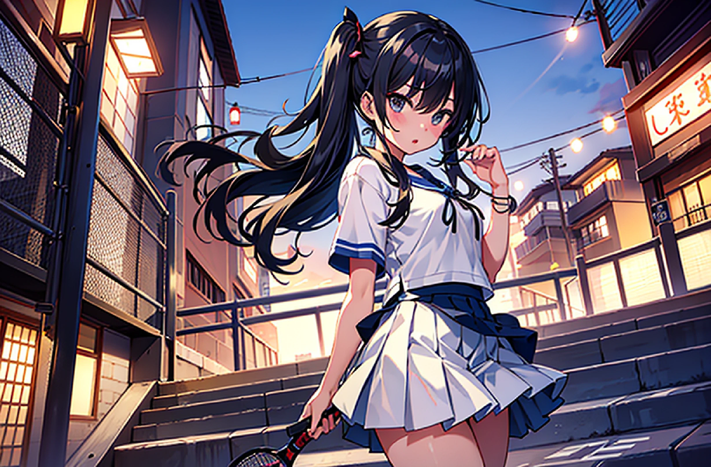 Arafe girl in skirt playing tennis on dirt court, Japan school uniform, a girl playing tennis, japanese girl school uniform, wearing japanese school uniform, badminton, of a schoolgirl posing, Playing tennis, leg shot, ikki tousen, wearing skirt and high socks, dressed as schoolgirl, zora々Shishi Japan of Girls, a miniskirt, Portrait photo of a mean punk girl in the city at night, pixai, hight resolution, nffsw, Best Quality, girl, city, Intricate details, City Street,