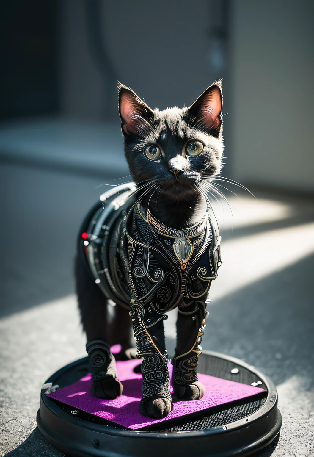 A blak kitten made out of metal, (cyborg:1.1), ([tail | detailed wire]:1.3), (intricate details), HDR, (intricate details, hyperdetailed:1.2), cinematic shot, vignette, centered