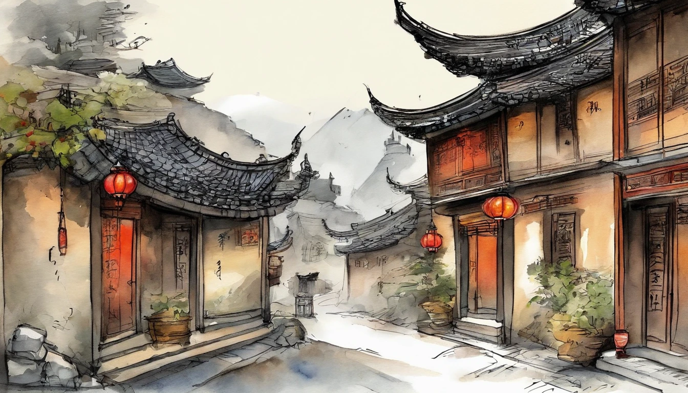 Chinese ink,Oriental ink style,The town street down the hill,One-story building,Lower floors,Quadrangle,Courtyard type,ink and watercolor painting,handpainted,The lines are drawn clearly,super-fine,Carefully portrayed,high qulity,8K,