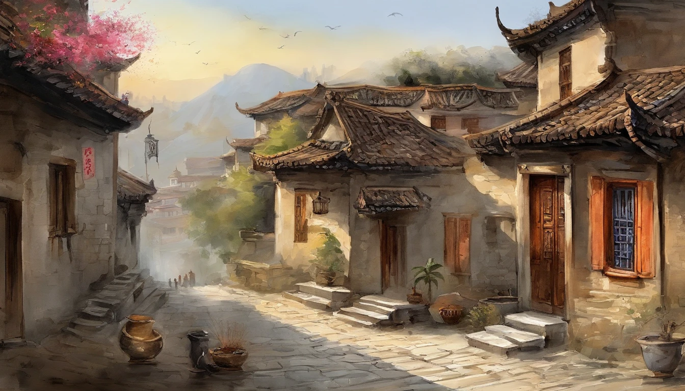 Chinese ink，Oriental ink style，The town street down the hill，One-story building，Lower floors，Quadrangle，Courtyard type，ink and watercolor painting，handpainted，The lines are drawn clearly，super-fine，Carefully portrayed，high qulity，8K，