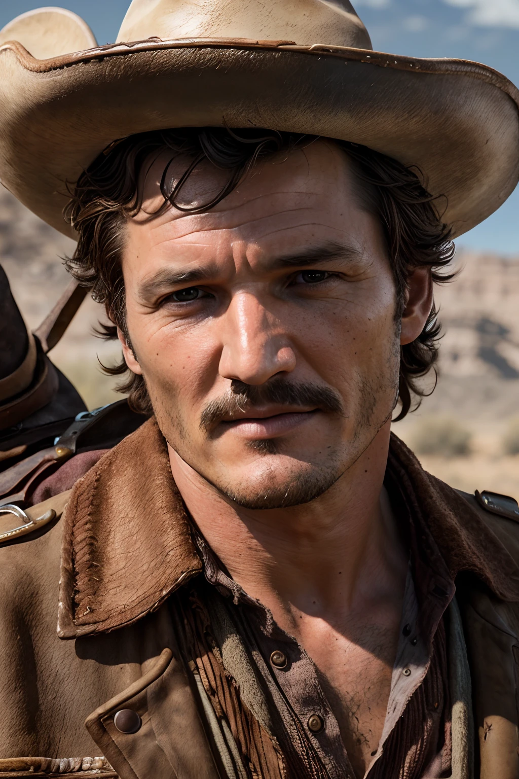 Photorealistic close up portrait action shot of beautiful man pedro pascal wear western style cowboy interior, 24mm,4k textures, soft cinematic light, highly detailed, sharp focus, hyperdetailed, low contrast, dim colors, exposure blend,(dusty:1.3),volumetric lighting, full body character art, brown eyes (fix left side eye)