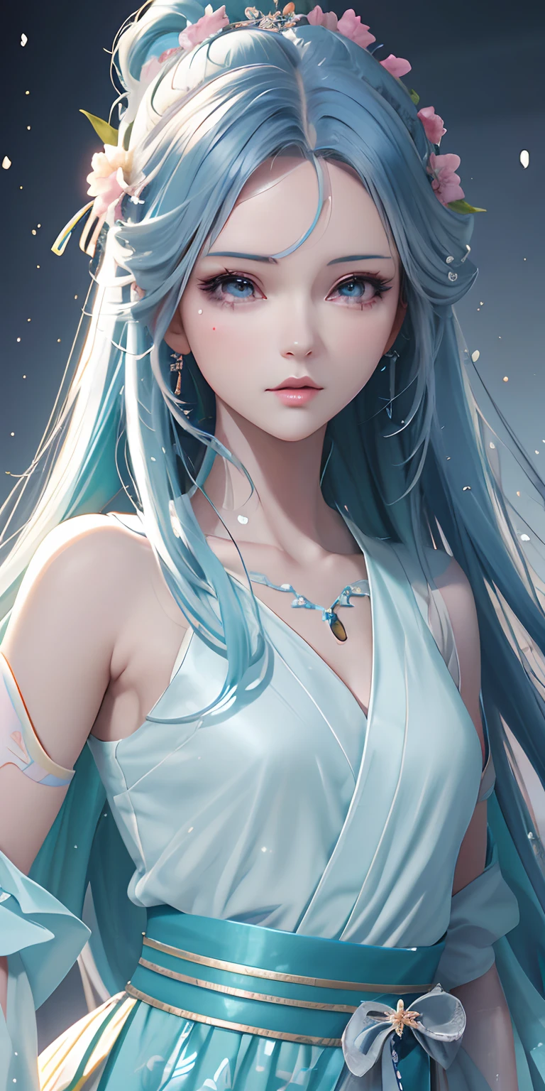 anime girl with blue hair and a flower in her hair, a beautiful anime portrait, Smooth anime CG art, Detailed digital anime art, Guviz-style artwork, Beautiful anime girl, Beautiful anime style, Realistic anime 3 D style, anime styled digital art, anime styled 3d, Beautiful anime woman, Beautiful digital artwork, 8K high quality detailed art