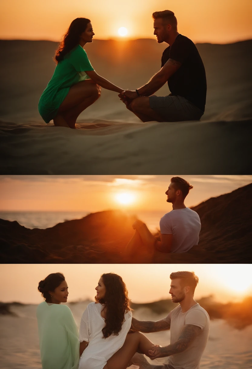 ((Couple watching sunset on quiet sands on shallow seaside beach、35 year old woman wearing crème shirt dress, woman having medium long curly dark hair, 35 year old man wearing black shorts and light green t-shirt, man having dark david Beckham hair, Couple holding hands and watching the sunset、Sunset seen from between the shadows of two people、Big sun setting on the horizon、The sunset turns the entire sky bright red、The area is getting dark、Two people side by side to shoot the sunset from behind)):1.8、8K、Raw photo、Highly detailed background,Realistic,ultra-detailliert,super detailed skin,light glow,Film grain,Expro II,Lens Flare,Sharpen,cinematic shadow、Photorealsitic