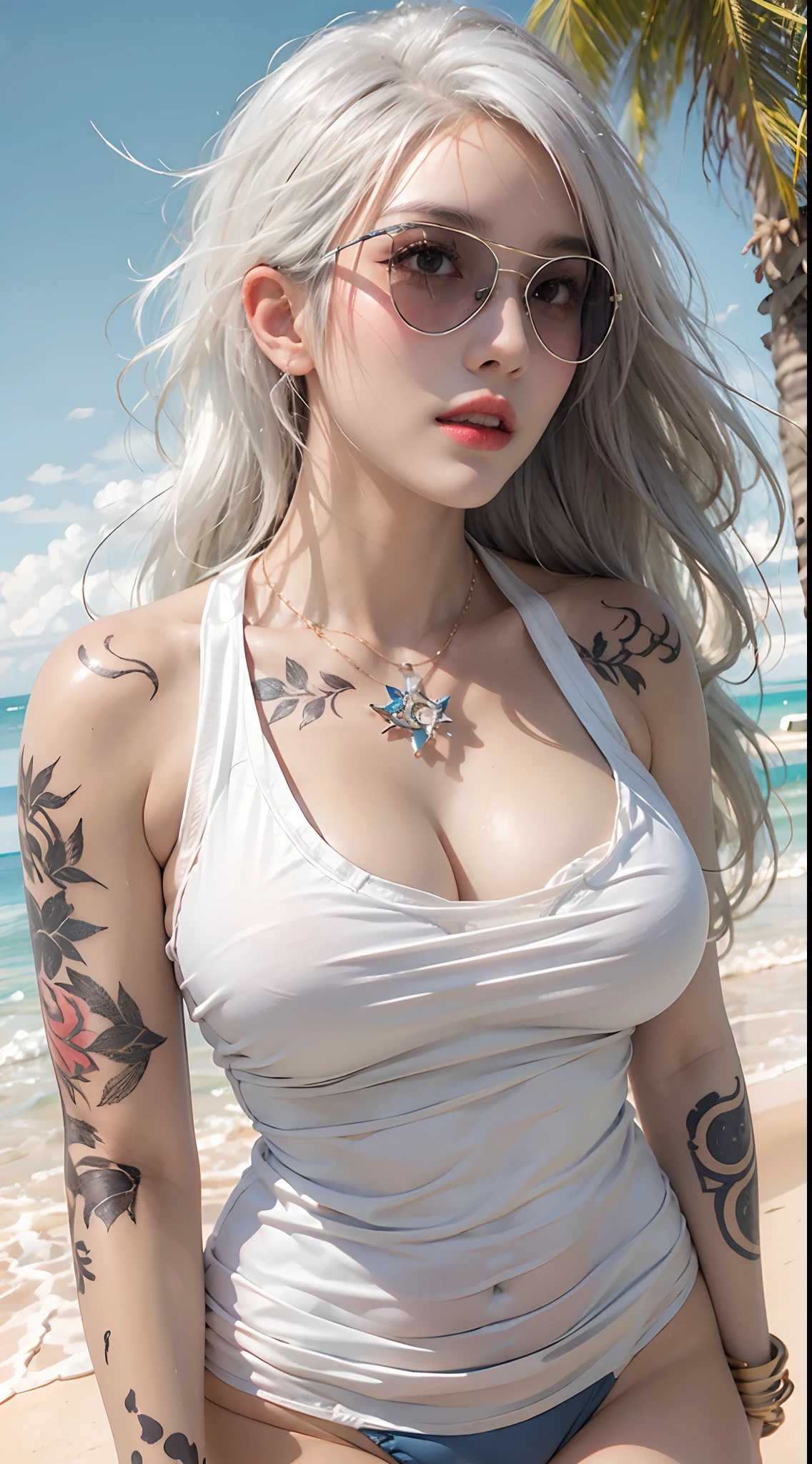 photorealistic, high resolution, 1women, mature female, solo, hips up, long hair, tattoo, white hair, sun glasses, swimsuit, beach