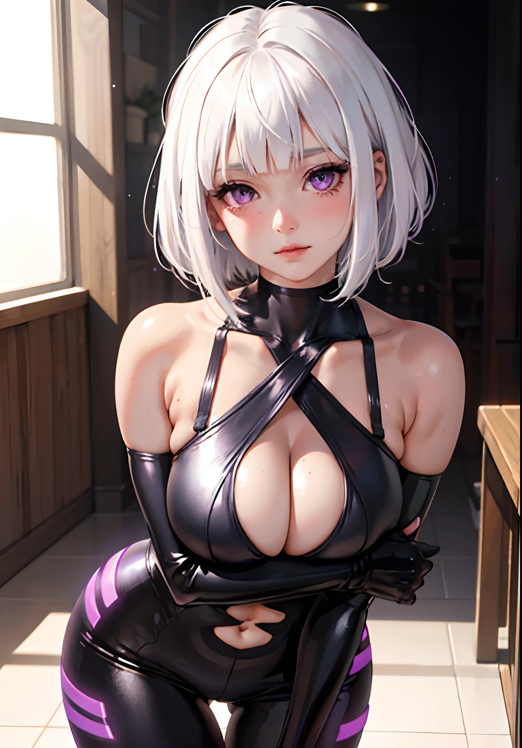 1girl, white hair, purple eyes, bob cut, wavy hair, average breasts, blush, glow, thighs, bare shoulders, collarbone, narrow waist, cleavage, (masterpiece), Gantz bodysuit,