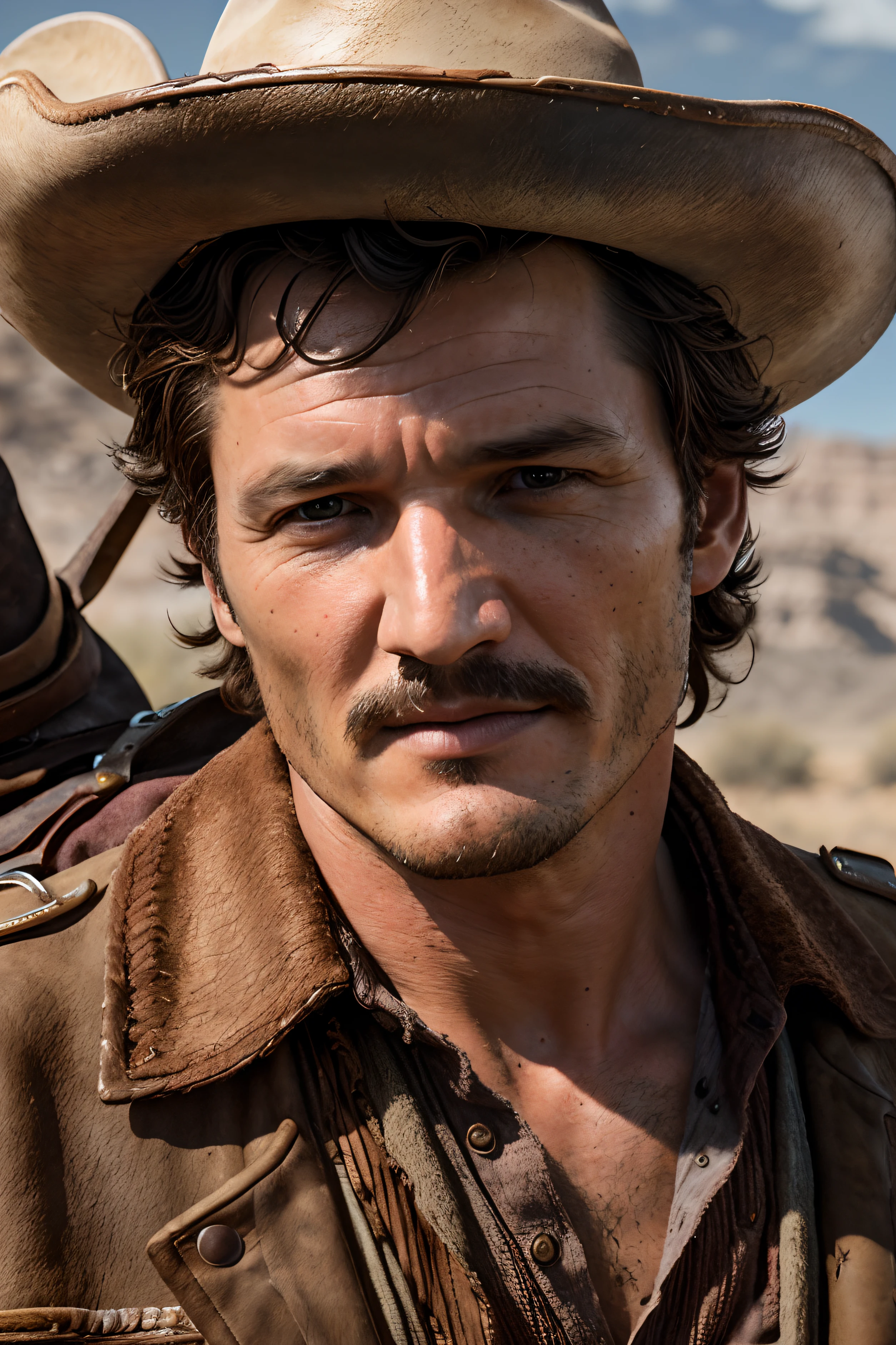 Photorealistic close up portrait action shot of beautiful man pedro pascal wear western style cowboy interior, 24mm,4k textures, soft cinematic light, highly detailed, sharp focus, hyperdetailed, low contrast, dim colors, exposure blend,(dusty:1.3),volumetric lighting, full body character art, brown eyes (fix  left side eye)