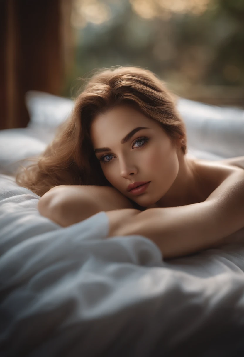 milf Beth Hart 30 year old woman photographed lying naked in bed, sexly, photorrealistic.