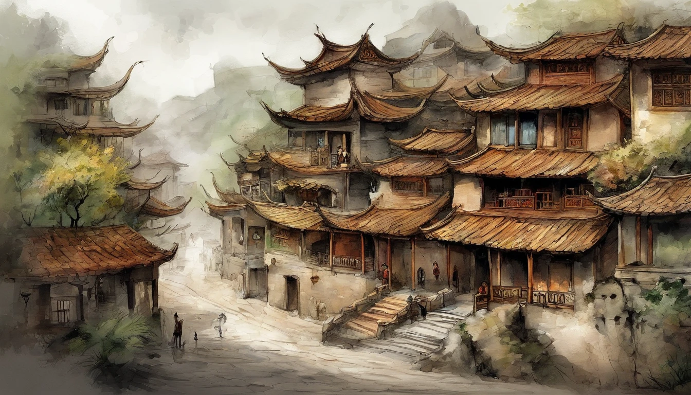 Chinese ink，Oriental ink style，The town street down the hill，One-story building，Lower floors，Quadrangle，Courtyard type，ink and watercolor painting，handpainted，The lines are drawn clearly，super-fine，Carefully portrayed，high qulity，8K，