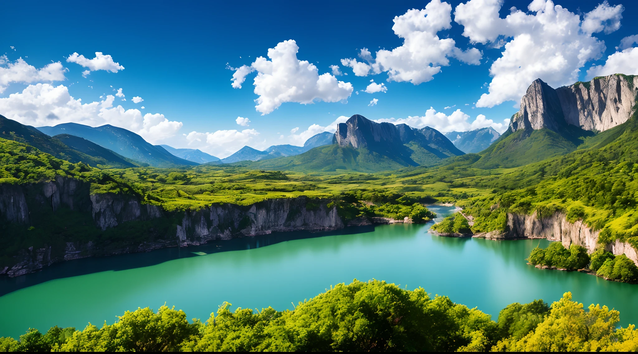 Masterpiece, ultimate quality, Cg unity 8k wallpaper, super delicate, beautiful sky and clouds, rich natural scenery, cliffs, lakes and rivers, waterfalls and flying water, beautiful green mountains, no trace of people, excellent scenery, has already won a photo contest, background Blurring, full depth of field, HDR high dynamics, true restoration, intricate, extreme details, dramatic presentation, perfectly presenting the style of midjourney art.