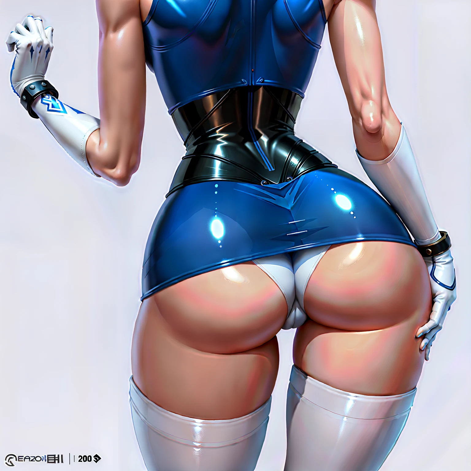 there is a woman in a blue latex outfit with a knife, cutesexyrobutts, commission for high res, krenz cushart and artgerm, pinup art, extremely detailed artgerm, shapely derriere, pinup, thicc, backview, beautiful cyborg girl pinup, pinup body, white cheeks, hyperrealistic image of x