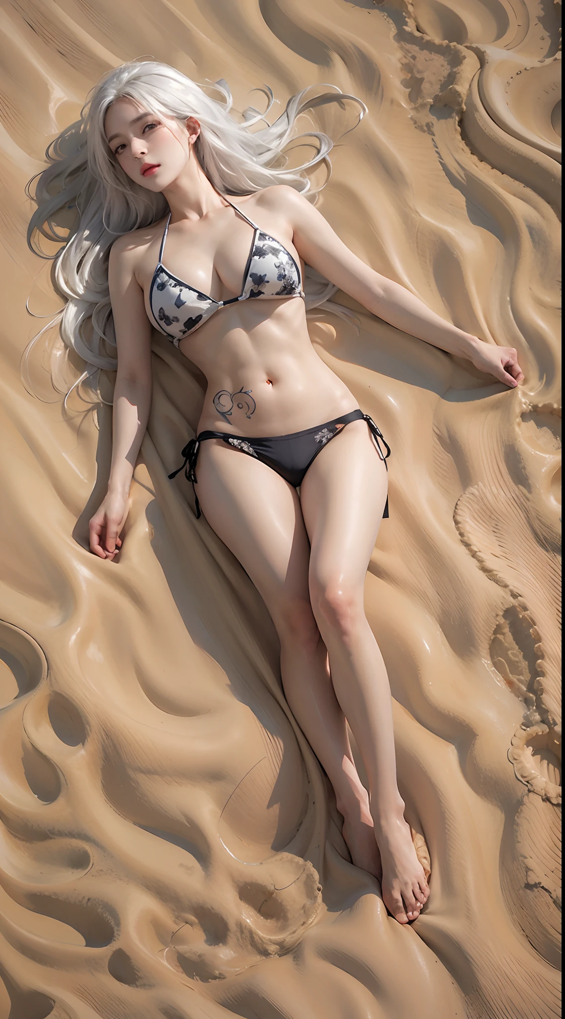 photorealistic, high resolution, 1women, mature female, solo, hips up, long hair, tattoo, white hair, bikini, beach, lie down and sunbathe