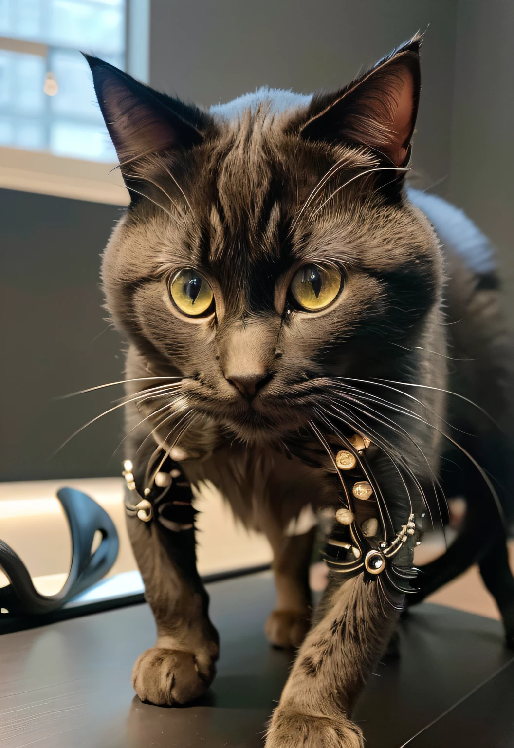 A blak kitten made out of metal, (cyborg:1.1), ([tail | detailed wire]:1.3), (intricate details), HDR, (intricate details, hyperdetailed:1.2), cinematic shot, vignette, centered