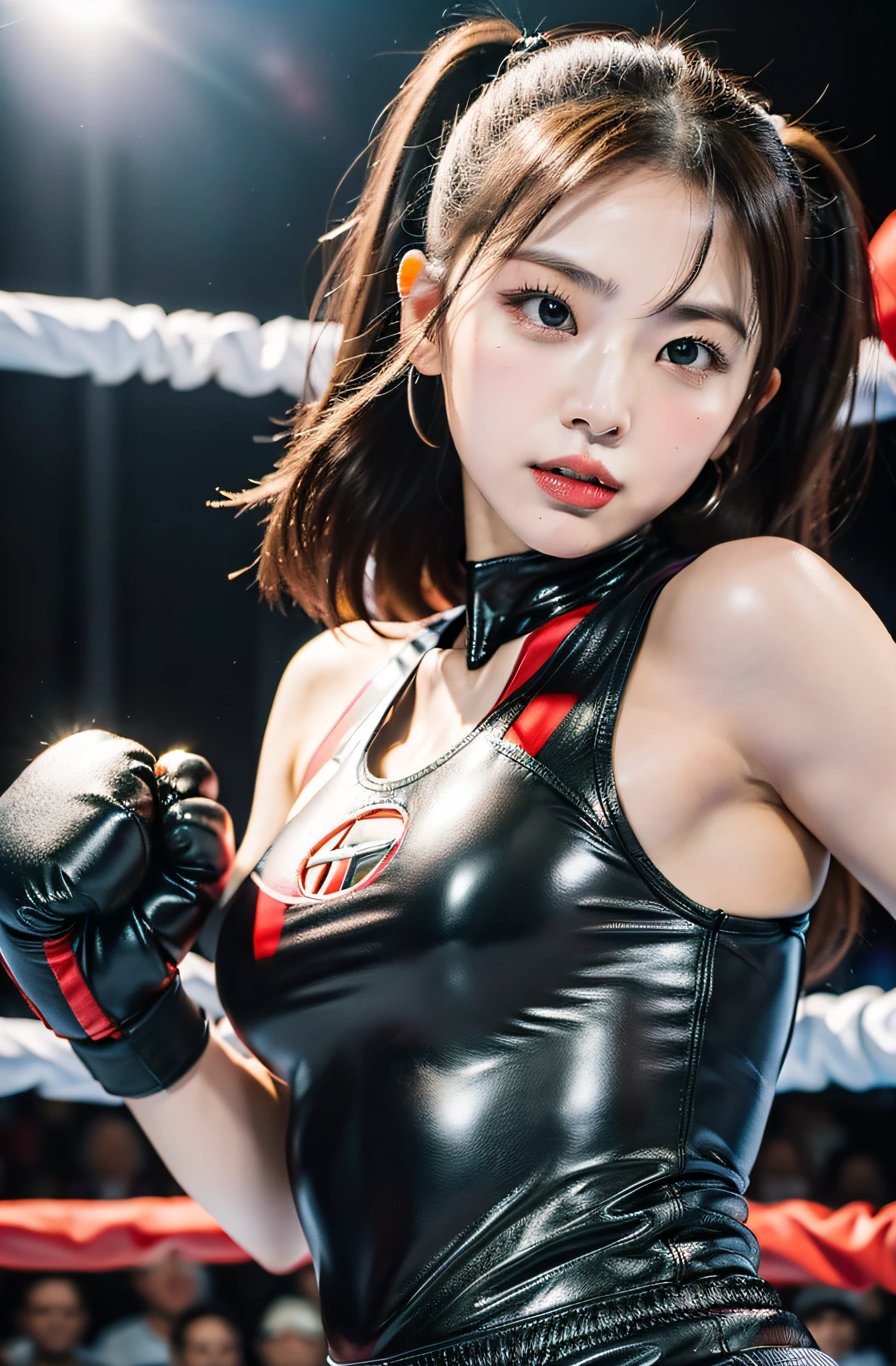 Content: Vivid and realistic image of Eri Kamei dressed in a boxing costume standing in a boxing ring. She wears boxing gloves、、Ready to fight. In the background、A bright boxing ring with ropes and cheering spectators is on display.
Medium: Photography.
Style: The style is、It should be ultra-realistic with an emphasis on the details of the clothes and the expression of Eri Kamei. The image is、Must be inspired by an energetic boxing match, Capture strength and determination in her eyes.
Lighting: The lighting should be dramatic, With spotlights highlighting Eri Kamei, Increase the contrast between light and shadow、Emphasizes the muscles of her shape and stance.
Colors: Leverage a palette that brings out the rich colors of boxing rings, Focus on the red of gloves and neutral tones of boxing attire.
Composition: Use a high-resolution 16k camera with a 16:9 aspect ratios to capture this image. To emphasize her powerful stance、The shot should be taken from a low angle, Use lenses that provide sharp focus and depth of field、highlight details.
parameter: --ar 16:9 - V5.1 --Style raw --Q 2 --S 750