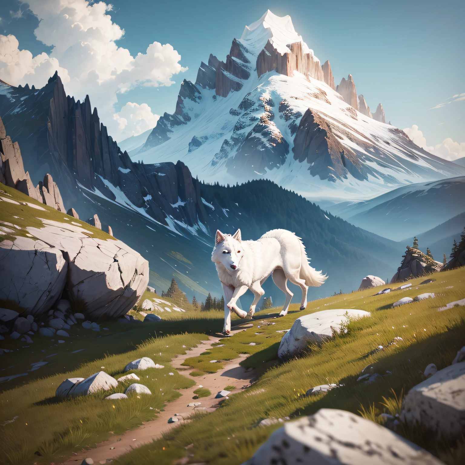 A white female wolf walking up a rocky mountain side with patches of grass