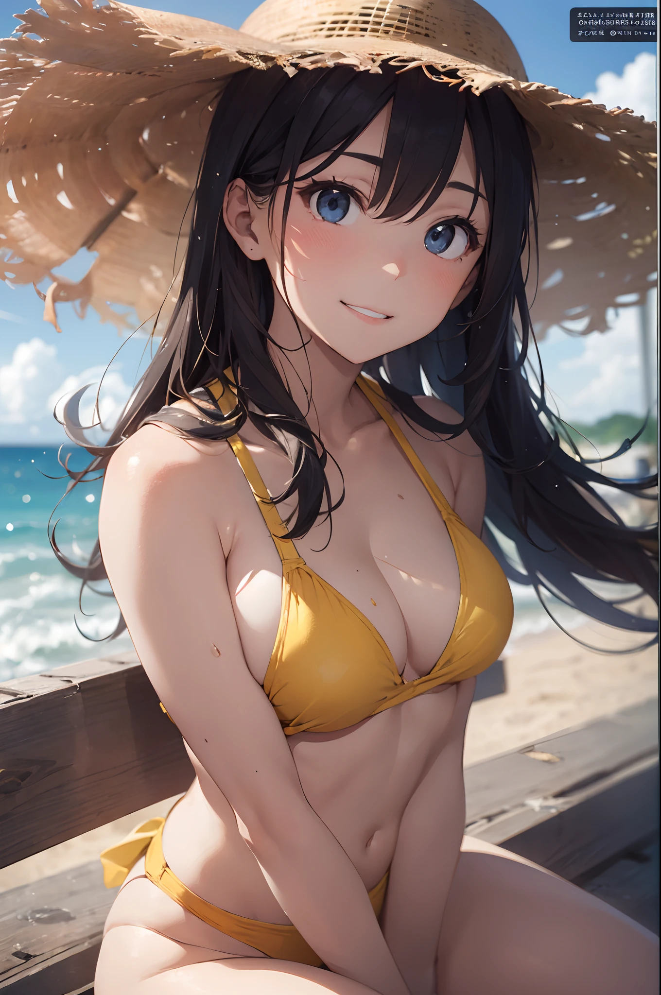 High resolution,
One beautiful young woman,
(soft saturation: 1.3), (fair skin: 1.2),
(ultra-detailed background, detailed background), bokeh,
Portrait of smiling girl breaking. When viewed from the front, the composition is symmetrical.
Look straight at you with serious eyes and break
yellow swimsuit, yellow bikini, middle ,
outdoor, sea surface, sky, sunshine, summer beach, sand,
strong light, front light,
(Teenag, (Cowboy Shot: 1.2), Break
angle from the front,
Look at the viewer,
Dynamic Pose,
Sitting on the beach
Wakame, wakame, wakame, wakame, wakame, wakame, wakame,