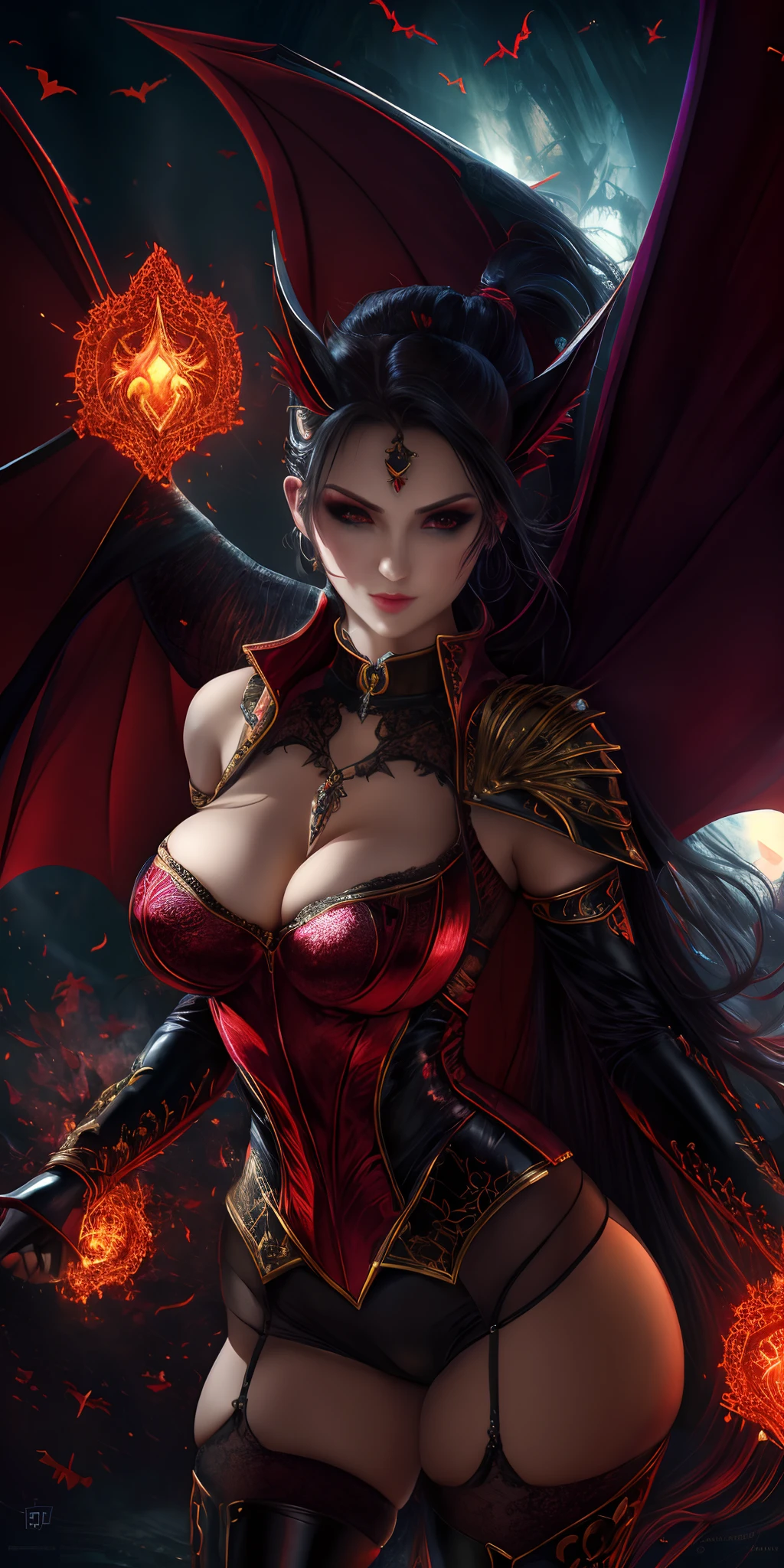 Fine, (Best Illustration), 8k Resolution, Intricate Details, Best Quality, Realistic, Ultra Detailed, Best Lighting, Best Shadows, Ultra HD, A Necromancer, Night, Magic, Dark Style, Vampire, Bat wings, shining red eyes, masterpiece, high_res, Beautiful face, tyndall effect, photo realistic, (high detailed skin:1.2), 8k uhd, dslr, high quality, Photograph, high resolution, 4k, 8k, Bokeh, medium breasts, absurdres, ponytail contorted, best ratio four finger and one thumb,