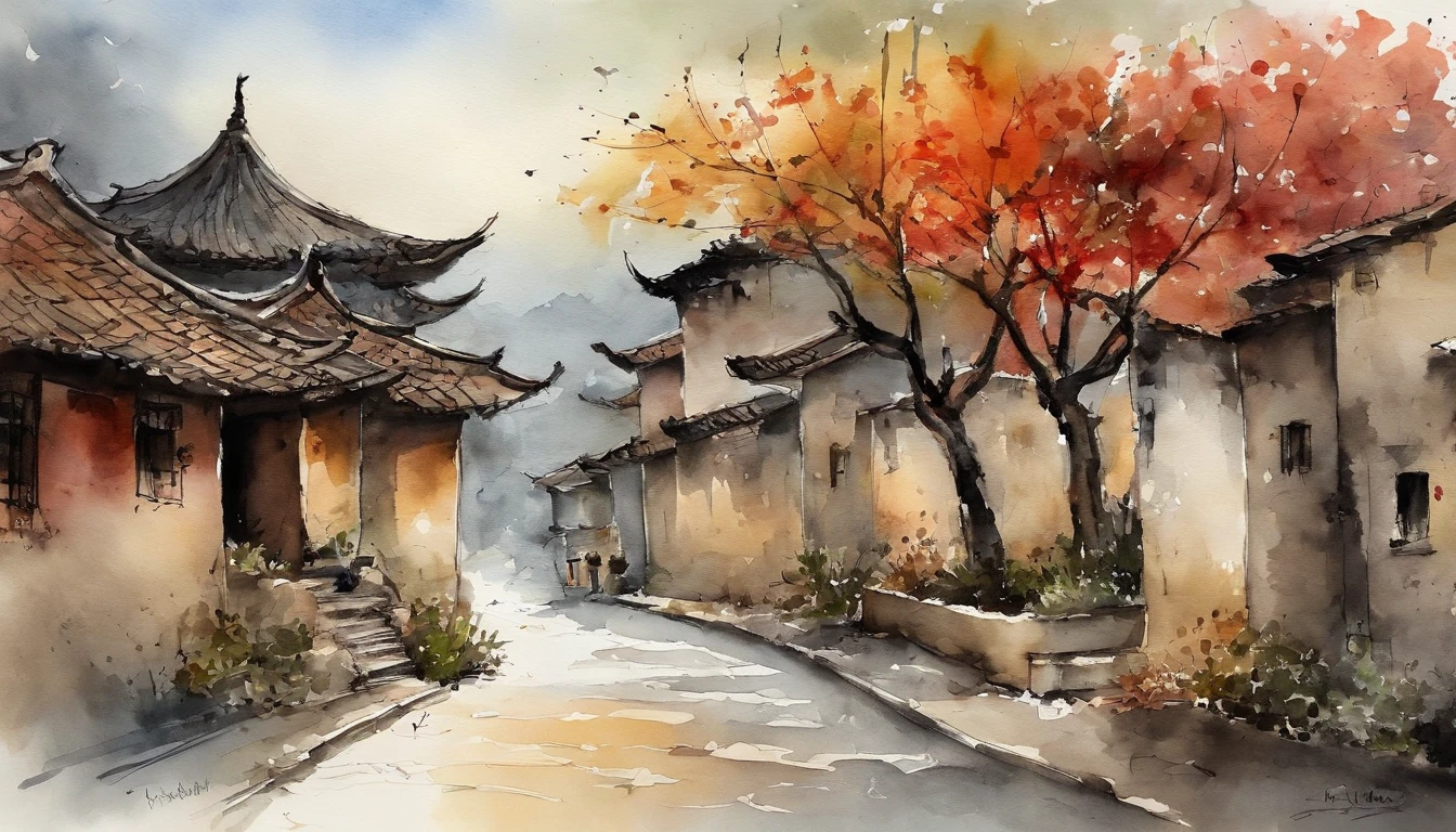 Chinese ink,Oriental ink style,The town street down the hill,Wide street,One-story building,Lower floors,Quadrangle,Courtyard type,ink and watercolor painting,handpainted,The lines are drawn clearly,super-fine,Carefully portrayed,high qulity,8K,