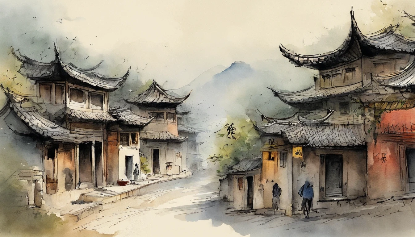 Chinese ink,Oriental ink style,The deserted and dilapidated town streets below the hill,A group of ragged farmers,Roadside streets,The crowd helped them leave,The war was ruined and ruined,super-fine,Carefully portrayed,high qulity,8K