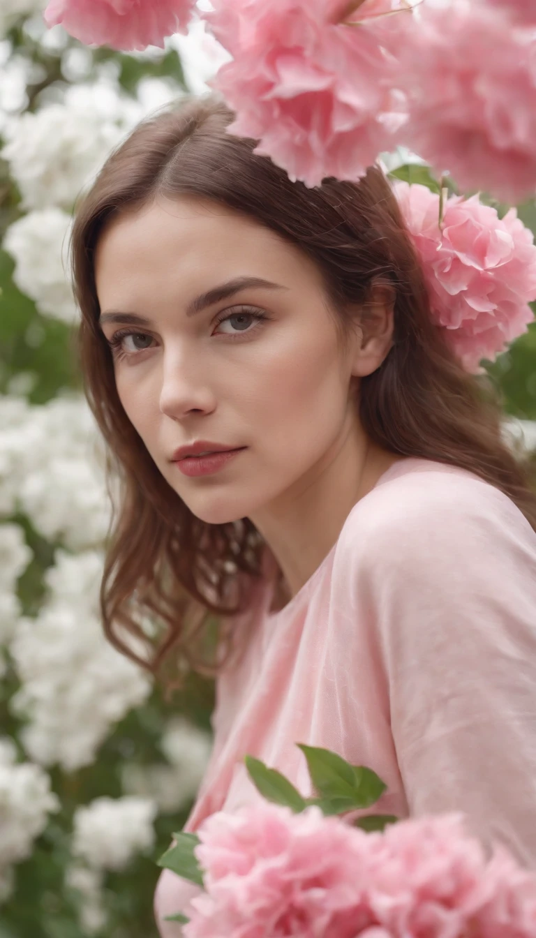 a woman with pink flowers, in the style of realistic forms, uhd image, helio oiticica, white background, unicorncore, photo-realistic compositions, françois boquet .