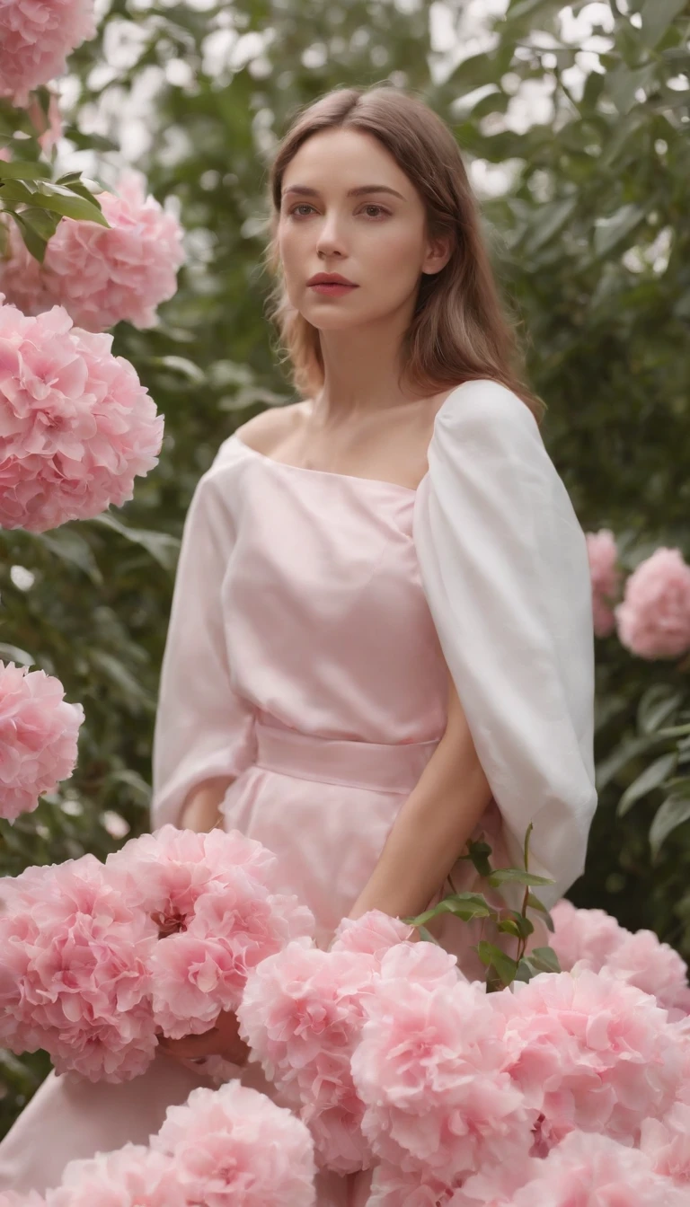 a woman with pink flowers, in the style of realistic forms, uhd image, helio oiticica, white background, unicorncore, photo-realistic compositions, françois boquet .