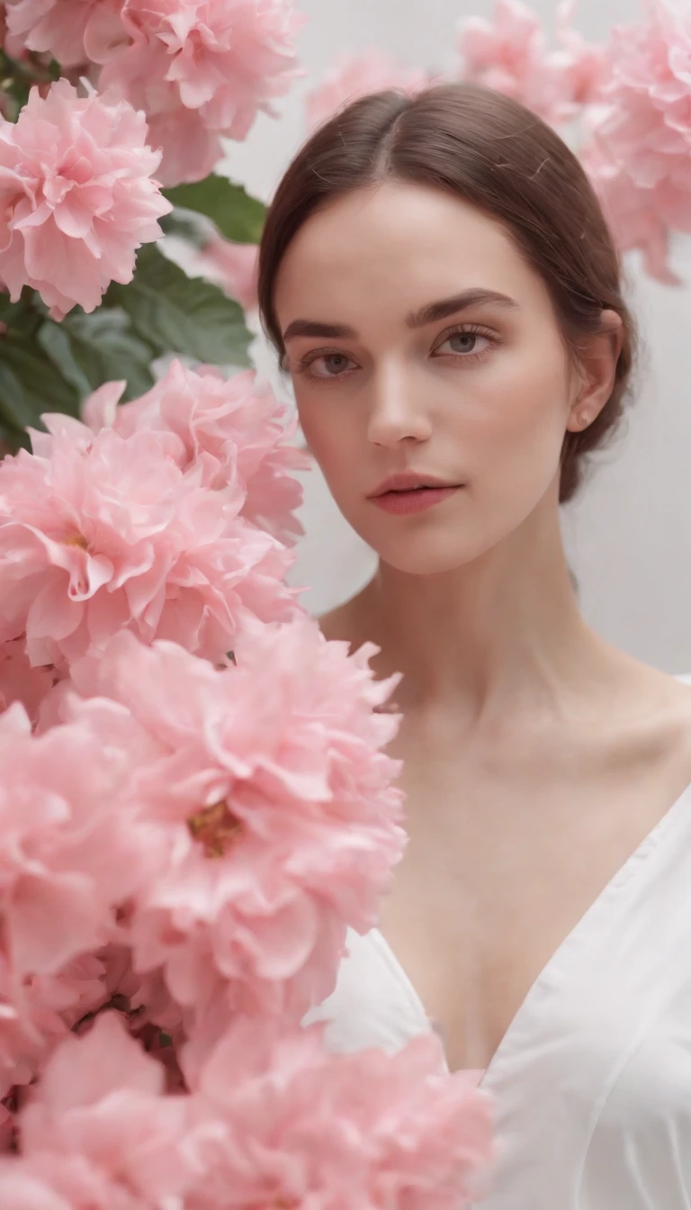 a woman with pink flowers, in the style of realistic forms, uhd image, helio oiticica, white background, unicorncore, photo-realistic compositions, françois boquet .