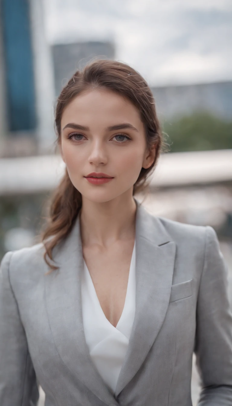 woman joven in light gray modern suit poses boldly, poses dynamically, vibrant colors, high quality photo, canon eos 5d mark iv, 75 mm f/1.8