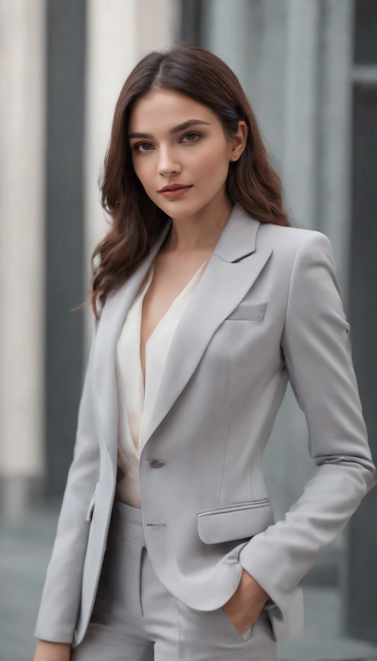 woman joven in light gray modern suit poses boldly, poses dynamically, vibrant colors, high quality photo, canon eos 5d mark iv, 75 mm f/1.8