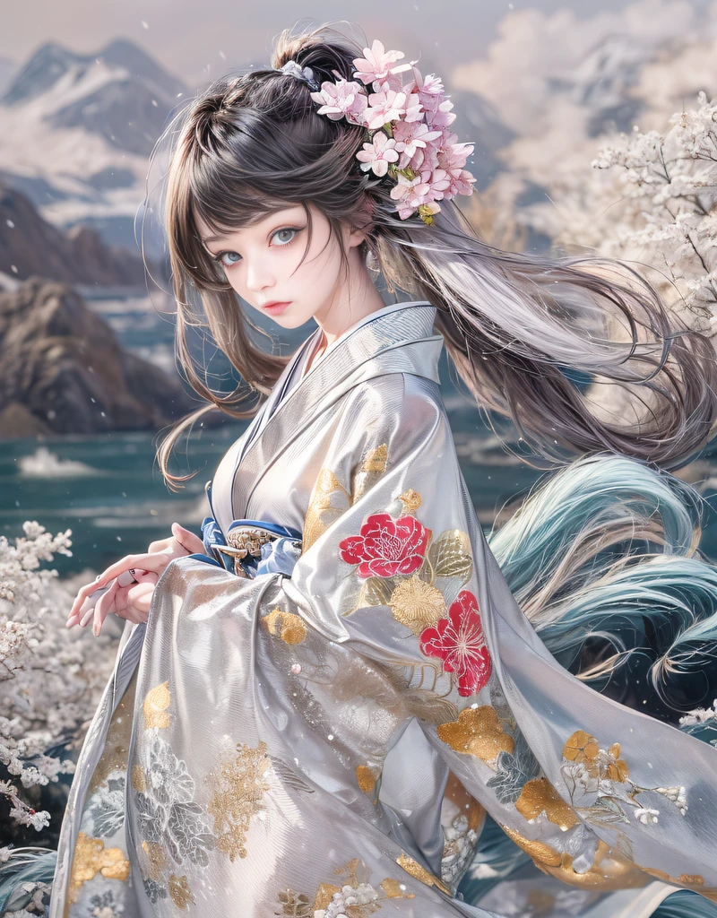 (Beautiful model in Japanese kimono commercial), (solo), ((face is 80% beauty and elegance, 20% pretty and cute:1.5)), (Her roots are in Eastern Europe and Asia), clear eyes, (detailed eyes, light brown eyes, bright pupils), Double Eyelids, (sexy lips with a little thickness:1.2), super detailed and incredibly high resolution Kimono, Highly Detailed Face Texture, striking body shape, curvy and very attractive woman, high-resolution RAW color photo pro photo, BREAK ultra high-resolution textures, High-res body rendering, big eyes, unparalleled masterpiece, incredible high resolution, super detailed, stunning ceramic skin, BREAK (Wearing a shiny silver kimono of the Rimpa school with lots of Rinpa silver colors), (The main color is Rinpa shiny silver, with a gradation from black to silver from the hem side to the collar), (elaborately made classical Japanese shiny silver Kimono), ((The embroidery patterns are Japanese dragon, clouds, mountains, and rivers)), (An obi that goes well with this kimono), ((shiny silver Kimono with elaborate and elegant embroidery)), (The background is a night scene with a little snow falling) BREAK ((Best Quality, 8k)), Crisp Focus:1.2, (Layer Cut, Big:1.2), (Beautiful Woman with Perfect Figure:1.4), (Beautifully shaped and big breasts:1.3), Slender waist, (Correct hand shape:1.5), (Full body shot | cowboy shot | back view)