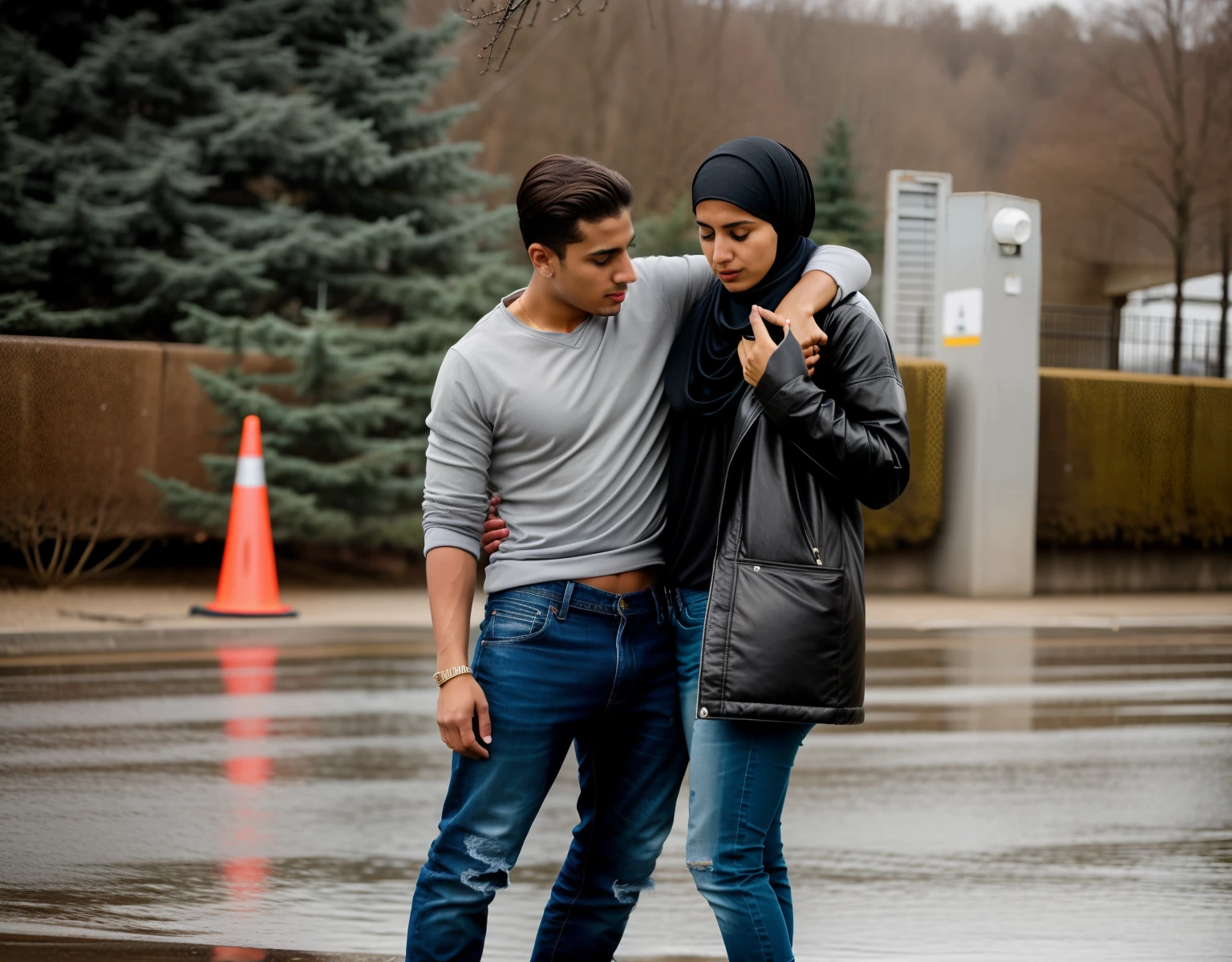 he is almost collapsing with pain, he is nearly fainting, she is holding him up, he is hanging on her shoulder, a muslim woman in a laquered puffy coat, a muslim woman with a shiny headscarf and a laquered downcoat, they are standing very close together, his hand is lying on her shoulder, arm-in-arm, she has her hand around his waist, she is wearing shiny leather pants, she is grabbing his waist, a shorthaired man in a matte tanktop and rough jeans, a shorthaired blond man in rough jeans, a muslim woman in shiny leather pants, a shorthaired blond man in a matte tanktop, a hijabi woman with a very desperate facial expression, a muslim woman in a high shine black down-coat, they are standing arm-in-arm, there is a headscarfed attractive woman wearing a high-shine down-coat, a wetlook puffer-coat, a muslim woman is crying with sorrow, a muslim woman is holding an injured shorthaired boy, there is a boy in rough jeans and a matte tanktop hugging a headscarfed woman that is wearing a very shiny padded laquered coat, a shorthaired blond boy has a painful face and cannot walk, there is a muslim woman giving support to an injured shorthaired boy, a wounded blond and shorthaired boy cannot walk and has to be supported by a woman with hijab, he grabs her shoulder, he has his arm around her shoulder, his hand is on her shouder, a sad looking hijabi woman ia carrying a wounded boy, masterpiece, jeans, boy in a matte cotton tanktop, super detailed background, detailed face, brown eyes, crying out, tears, desperation, pain, agony, accident pose, dramatic suffering pose, hands detailed hands, fingers:5, they are walking in the street together in the rain